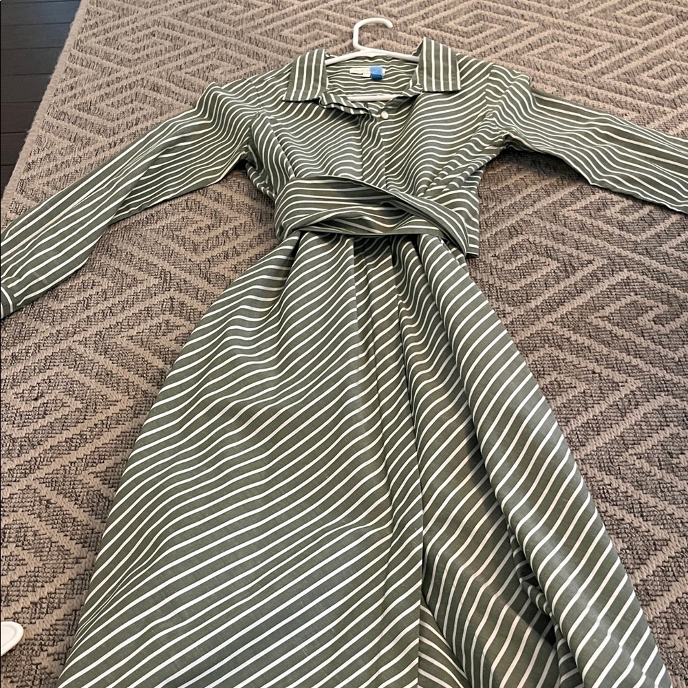ANN MASHBURN Olive and White Striped Long Sleeve Dress